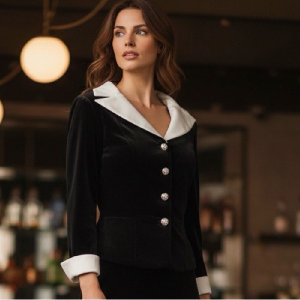 ✔️ Cachet Black Velvet Top with White Satin Collar & Cuffs, Rhinestone Buttons